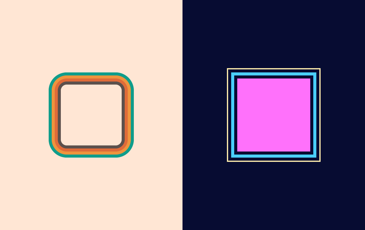 Examples of multiple borders generated by Bordiple. Borders featuring a 70s color palette at left, and, at right, borders styled with popular colors in the 80s.